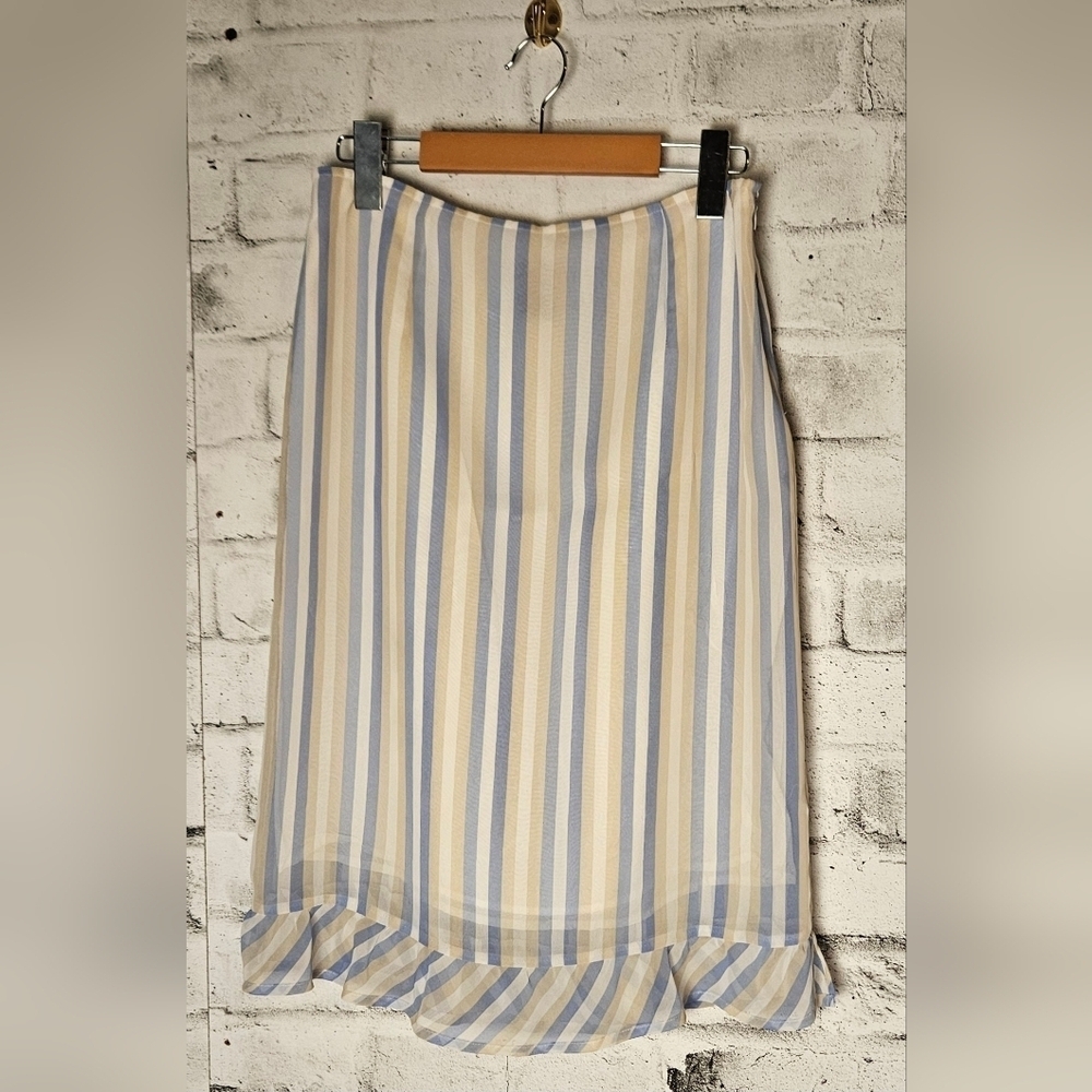 Mac and Jac Blue Cream Striped Ruffle Hem Midi Skirt Size 6